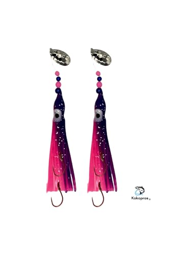 Squid Fishing Hoochies 10 Pack -Glow Fresh Water Kokanee Salmon Trolling Lures with Pre-Rigged Octopus Hooks - Spinner Blades, Synthetic Skirts Kokanee Hoochies for Salmon Fishing - style: Micro Hoochies 10-pack