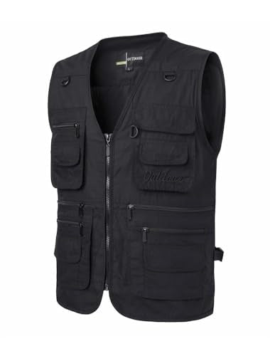 PASOK Men's Work Fishing Vests Lightweight Safari Travel Hunting Waistcoat With Multi-Pockets - color: Black, size: 3X-Large