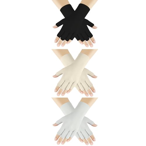 Senkary 3 Pairs Sun UV Protection Gloves Ice Silk Fingerless Gloves Breathable Driving Sunscreen Summer Nail Gloves for Women - color: Khaki, Gray and Black