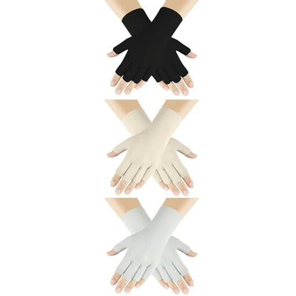 Senkary 3 Pairs Sun UV Protection Gloves Ice Silk Fingerless Gloves Breathable Driving Sunscreen Summer Nail Gloves for Women - color: Khaki, Gray and Black