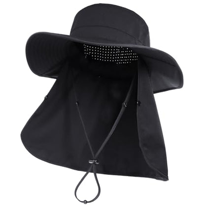 Connectyle Men's Wide Brim Sun Hat with Neck Flap UPF 50+ Packable Breathable Boonie Bucket Hat for Fishing Hiking Safari - color: Black