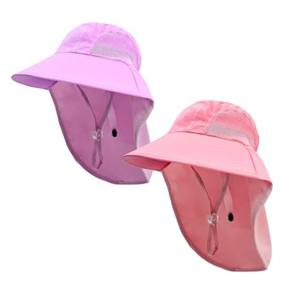 Rosoz Kids Sun Hat with Neck Flap UV Protection Summer Toddler Beach Hat Unisex Ponytail Hat Wide Brim Fishing Hat - color: 2pack-purple+pink