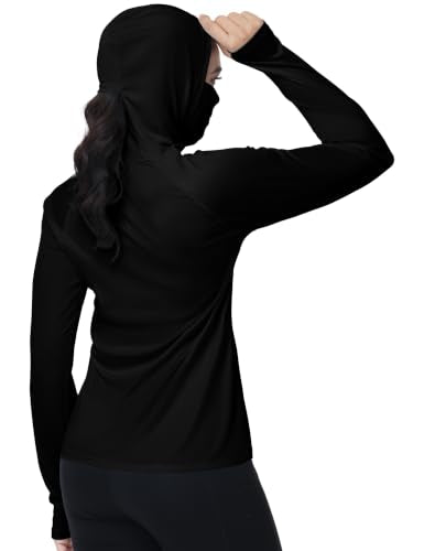 isnowood Women's Sun Protection Hoodie UPF 50+ Hiking Fishing Shirt, Long Sleeve UV Rash Guard with Face Mask Lightweight - color: Black, size: Medium