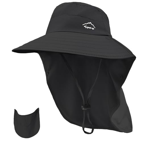 Rosoz Sun Hat for Men Women with Neck Flap,Wide Brim UPF50+ Fishing Hat with Detachable Face Cover Outdoor Sun Protection Hat - color: 1pack-black