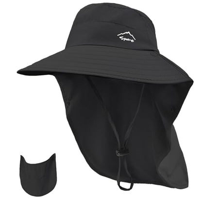 Rosoz Sun Hat for Men Women with Neck Flap,Wide Brim UPF50+ Fishing Hat with Detachable Face Cover Outdoor Sun Protection Hat - color: 1pack-black