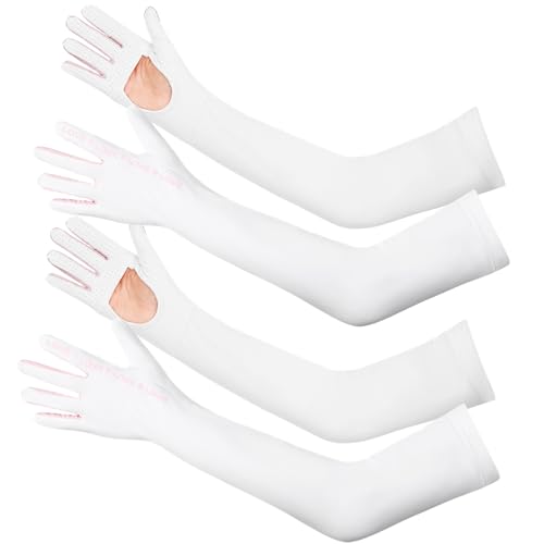 2 Pairs UV Protection Gloves Full Arm Sunblock Gloves with Ventilation Holes, Summer Sun Protection Gloves for Driving - color: 2 White