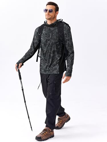 PINSPARK Men's Sun Protection Hoodie with Mask UPF 50+ UV Long Sleeve Shirt Men Rash Guard Performance Fishing Hiking Shirt - color: Black Camouflage, size: Large