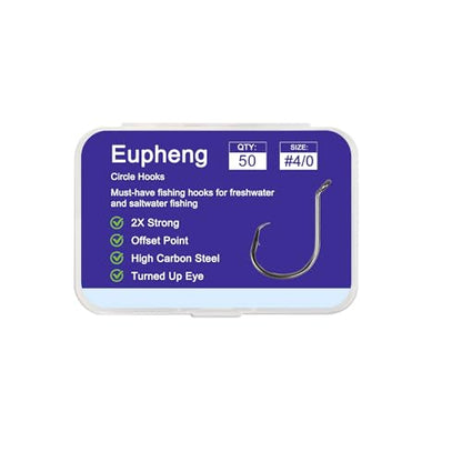 Eupheng Circle Hooks 2X Strong Offset Freshwater Saltwater Fish Hooks for Catfish Bass Trout Multi Size - size: 50pcs, 4/0