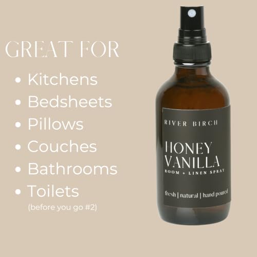 River Birch Luxury Linen and Room Spray - Home Signature Scent Honey Vanilla Room Fragrance Spray - Fragrant Fresh Linen Air Freshener For Bedding - Handmade in Texas - 4 oz Glass Amber Bottle - color: Honey Vanilla