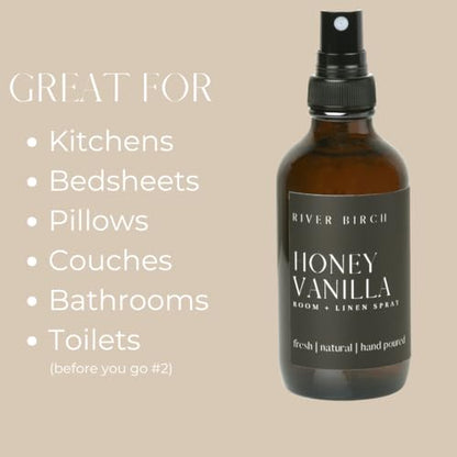River Birch Luxury Linen and Room Spray - Home Signature Scent Honey Vanilla Room Fragrance Spray - Fragrant Fresh Linen Air Freshener For Bedding - Handmade in Texas - 4 oz Glass Amber Bottle - color: Honey Vanilla