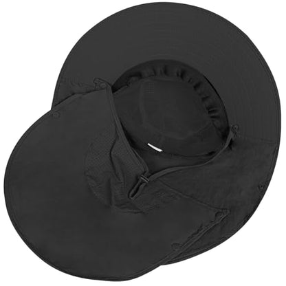 Rosoz Sun Hat for Men Women with Neck Flap,Wide Brim UPF50+ Fishing Hat with Detachable Face Cover Outdoor Sun Protection Hat - color: 1pack-black