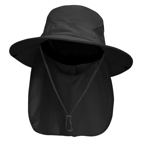 NPJY Sun Fishing Hats with Neck Flap for Men Women UV Sun Protection Safari Hat Wide Brim Bucket Hat - color: Pure Black(with Neck Flap)