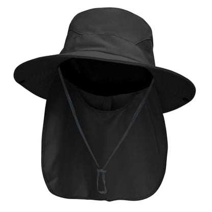 NPJY Sun Fishing Hats with Neck Flap for Men Women UV Sun Protection Safari Hat Wide Brim Bucket Hat - color: Pure Black(with Neck Flap)