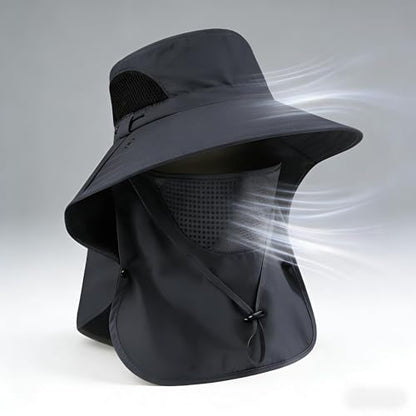 Sun Hat for Men and Women, UPF 50+ UV Protection, Wide Brim Breathable, Fish Hat with Neck Flap and Breathable Face Mask - color: Dark Gray