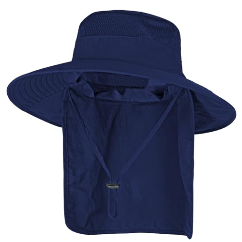 Sun Hats for Men Women Fishing Hat UPF 50+ Breathable Wide Brim Bucket Hats Summer UV Protection Safari Hat with Neck Flap - color: Navy Blue