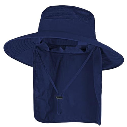 Sun Hats for Men Women Fishing Hat UPF 50+ Breathable Wide Brim Bucket Hats Summer UV Protection Safari Hat with Neck Flap - color: Navy Blue