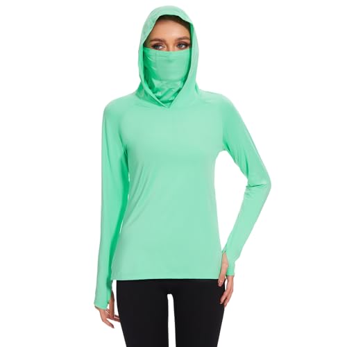 BASSDASH Women’s UPF 50+ Hoodie Shirt with Breathable Face Mask - color: Mint, size: Medium