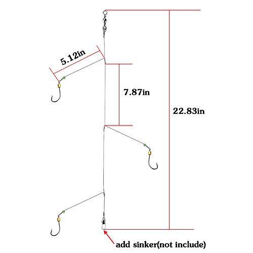 Fishing Hook with Leader,5 Hooks Fishing Rig-7 Strands Nylon Coated Fishing Leader with Swivle,Snap,Hooks - color: 3 hooks rig, size: 18#