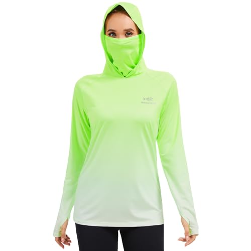 BASSDASH Women's Fishing Hoodie Shirt with Face Mask Thumb Holes UPF 50+ FS23W - color: Fluorescent Green Spot Gradient, size: X-Small