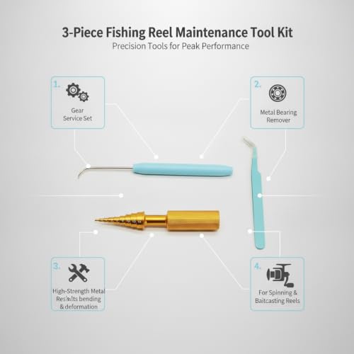 3-Piece Fishing Reel Maintenance Tool Kit - Metal Bearing Remover & Gear Service Set for Spinning and Baitcasting Reels - color: Gold