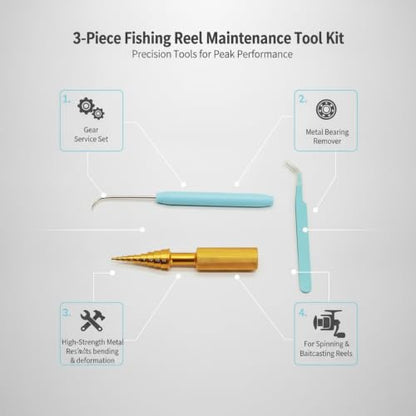 3-Piece Fishing Reel Maintenance Tool Kit - Metal Bearing Remover & Gear Service Set for Spinning and Baitcasting Reels - color: Gold