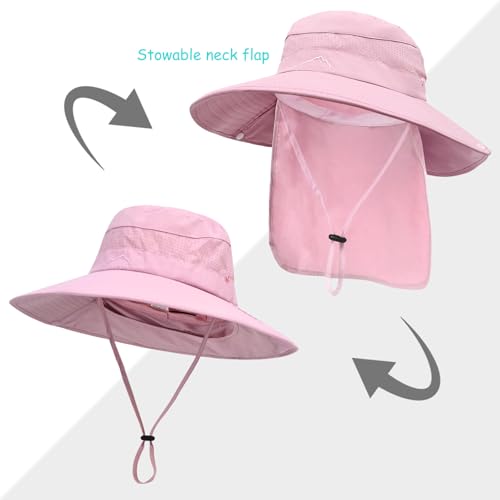 Sun Hats for Men Women, UPF50+ Protection Safari Hat,Wide Brim Fishing Hat with Neck Flap,Bucket Hats for Beach Hiking - color: Pink1