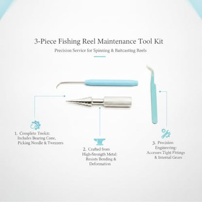 3-Piece Fishing Reel Maintenance Tool Kit - Metal Bearing Remover & Gear Service Set for Spinning and Baitcasting Reels - color: Silver