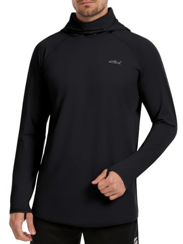 Men's UPF 50+ Sun Protection Hoodie Lightweight Quick Dry Fishing Shirts Long Sleeve Rash Guard with Mask - color: Black, size: XX-Large