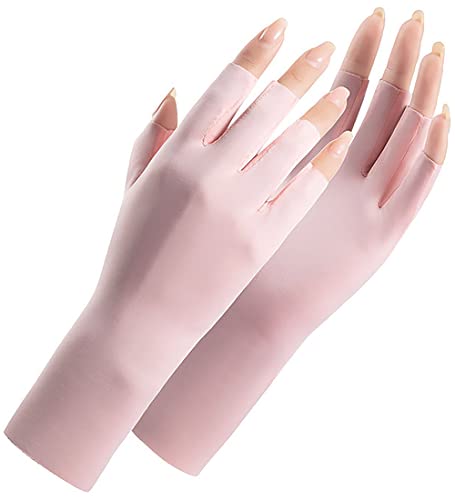 Women Fingerless Gloves Summer UV Protection Gloves Cool Ice Silky Sun Block Driving Unisex - color: Pink