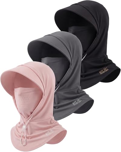 Shihanee 3 Pack Balaclava Face Mask Sun Protection Hood Cooling Breathable Full Head Mask for Men Women Fishing Cycling - color: Black, Gray, Pink