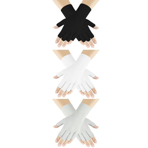 Senkary 3 Pairs Sun UV Protection Gloves Ice Silk Fingerless Gloves Breathable Driving Sunscreen Summer Nail Gloves for Women - color: White, Gray and Black