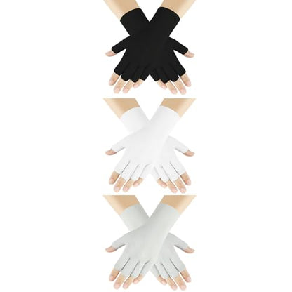 Senkary 3 Pairs Sun UV Protection Gloves Ice Silk Fingerless Gloves Breathable Driving Sunscreen Summer Nail Gloves for Women - color: White, Gray and Black