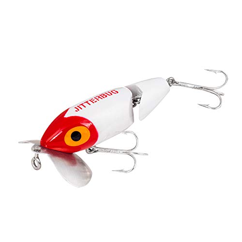 Arbogast Jointed Jitterbug Topwater Bass Fishing Lure, Excellent for Night Fishing, White/Red Head, 2 1/2", 3/8 oz