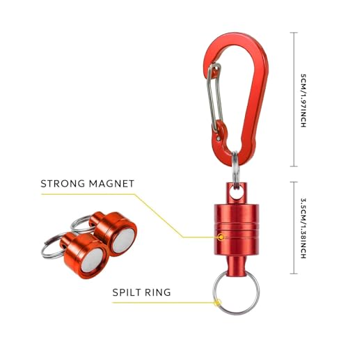 Magnetic Net Release Fly Fishing Net Retractor Magnetic Keychain, for Fly Fishing with Retractable Coiled Lanyard Carabiner - color: Red Aluminum