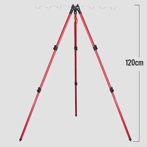 Telescopic Rod Holder Tripod, Aluminum Alloy, 24.4 Inch (Holds 7 Rods) – Adjustable Collapsible Stand with Ground Spikes & Stability Hook for Bank Shore Surf Casting (Silver) - color: B Red