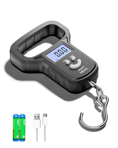 MEIYA Fish Scale/Fishing Scale: Dual Power (Battery/Rechargeable), Extra Wide Handle, Backlit LCD Display, Includes 2 AAA Batteries&USB-C Charging Cable, Fishing Gifts for Men (Black)