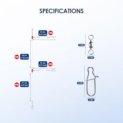 Fishing Leader Fishing Rigs, Luroad 6/12/18 Pcs Nylon-Coated Lines with Swivels Snap Beads, Stainless Steel Hooks Crimps Saltwater Freshwater for Fishing Lovers Angler, 1 Arm/ 2 Arms - color: K.2 Arm-Red-12pcs