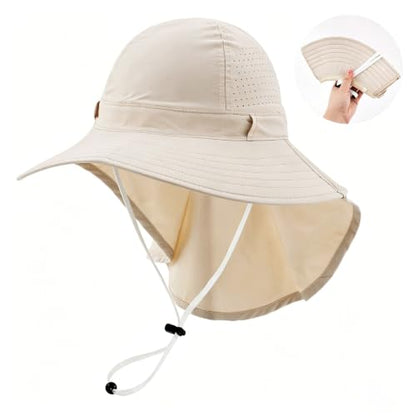 2Pack Sun Hat for Men Women with Neck Flap | UPF 50+ Wide Brim and Ponytail Hole Hiking Fishing Bucket Hat - color: 2pcs-beige&light Gray