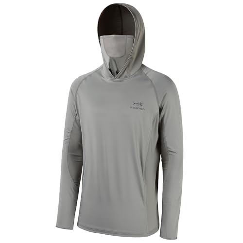 BASSDASH UPF 50+ Men’s Long Sleeve Fishing Shirt with Mask UV Neck Gaiter Hoodie - color: Ash Grey, size: Medium