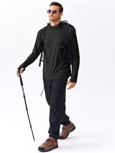 PINSPARK Men's Sun Protection Hoodie with Mask UPF 50+ UV Long Sleeve Shirt Men Rash Guard Performance Fishing Hiking Shirt - color: Black, size: Large