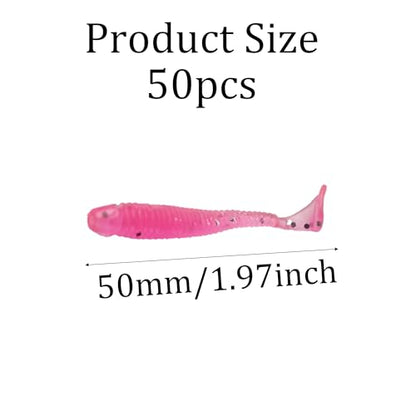 50PCS 5cm Soft Plastic Fishing Lures, PVC Paddle Tail Swimbaits for Bass Trout Walleye Crappie, T-Tail Grub Worm Baits Tackle Accessory - color: Pink