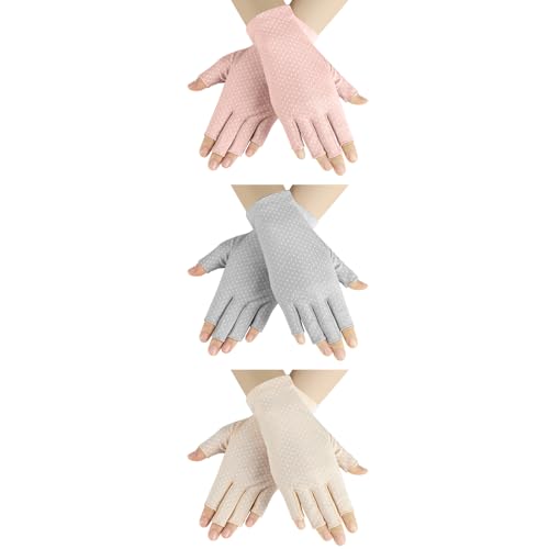 Senkary 3 Pairs Sun UV Protection Gloves Non Slip Cotton Fingerless Driving Biking Sunscreen Nail Manicure Gloves for Women - color: Khaki, Gray and Pink