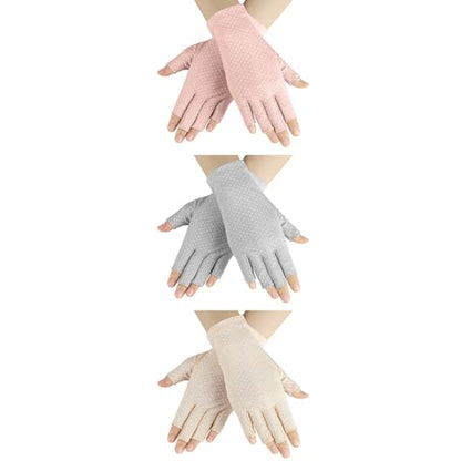 Senkary 3 Pairs Sun UV Protection Gloves Non Slip Cotton Fingerless Driving Biking Sunscreen Nail Manicure Gloves for Women - color: Khaki, Gray and Pink