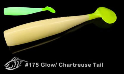 Lunker City Fishing Shaker 3.25" Swimbait Soft Plastic Bass Walleye Lure Saltwater Swimming Tail Action Pike Swim Bait, 7 Per Bag, Made in The USA - color: 175 Glow Chartreuse Tail