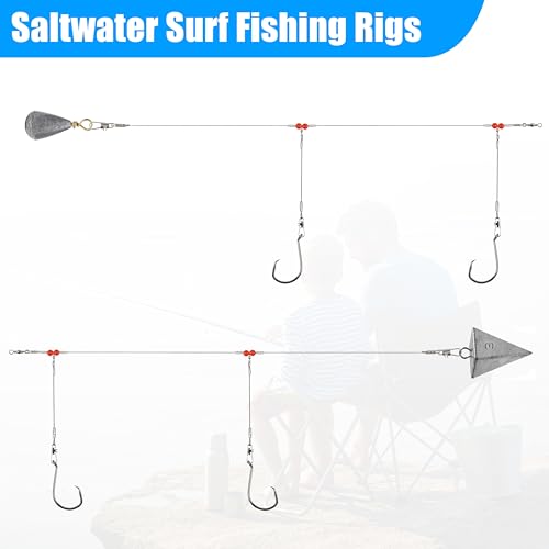 Saltwater Surf Fishing Tackle Kit - Saltwater Surf Fishing Rigs Bottom Rigs Include Fishing Leader Rigs Pyramid Sinkers Bass Casting Sinker Circle Hooks for Striped Bass Red Drum Flounder - color: Silver