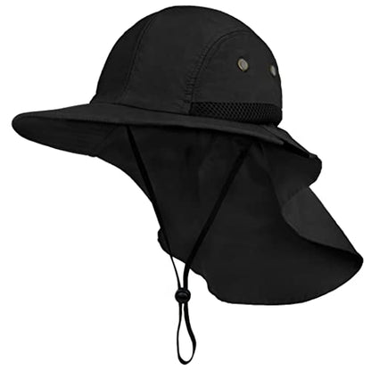 SUN CUBE UPF50+ Sun Hat for Men Women with Neck Flap, Wide Brim UV Protection Fishing Safari Hat for Hiking Beach Gardening - color: Black