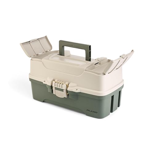 Plano Three-Tray Tackle Box Bass Kit, Tan/Green, Rust-Proof Brass Latch, Top-Access Tray Compartments with Deep Storage, Made in the USA, Portable Fishing Gear Storage Organizer - style: Bass