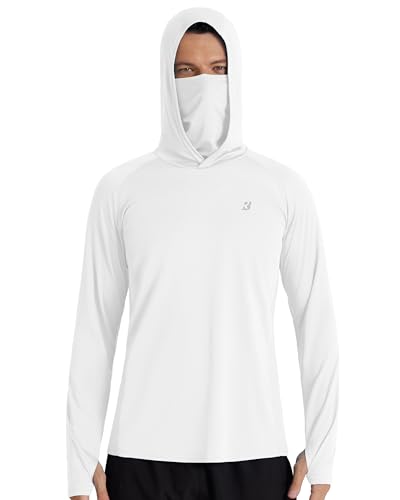 Roadbox Men's UPF 50+ Hooded Fishing Shirts Long Sleeve Sun Protection Hoodie, Hiking Running Swimming Rash Guard with Mask - color: White, size: Medium