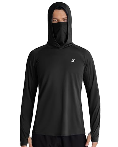 Roadbox Men's UPF 50+ Hooded Fishing Shirts Long Sleeve Sun Protection Hoodie, Hiking Running Swimming Rash Guard with Mask - color: Black, size: Medium