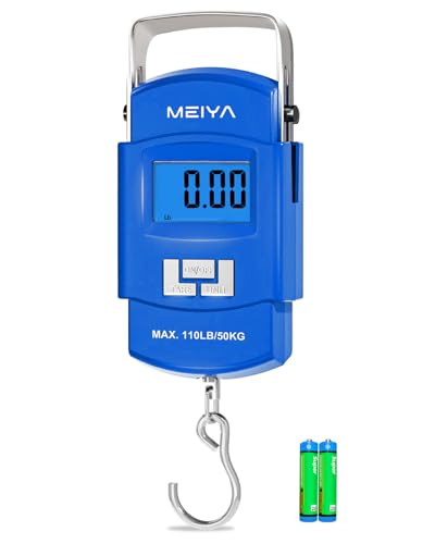 MEIYA Fish Scale 110lb Portable Luggage Scale Travel Digital Hanging Scale with Hook, Fishing Gifts for Men, Weighing Tool for Suitcases & Fish, Includes 2 AAA Batteries, Backlit LCD Display (Blue) - color: Blue